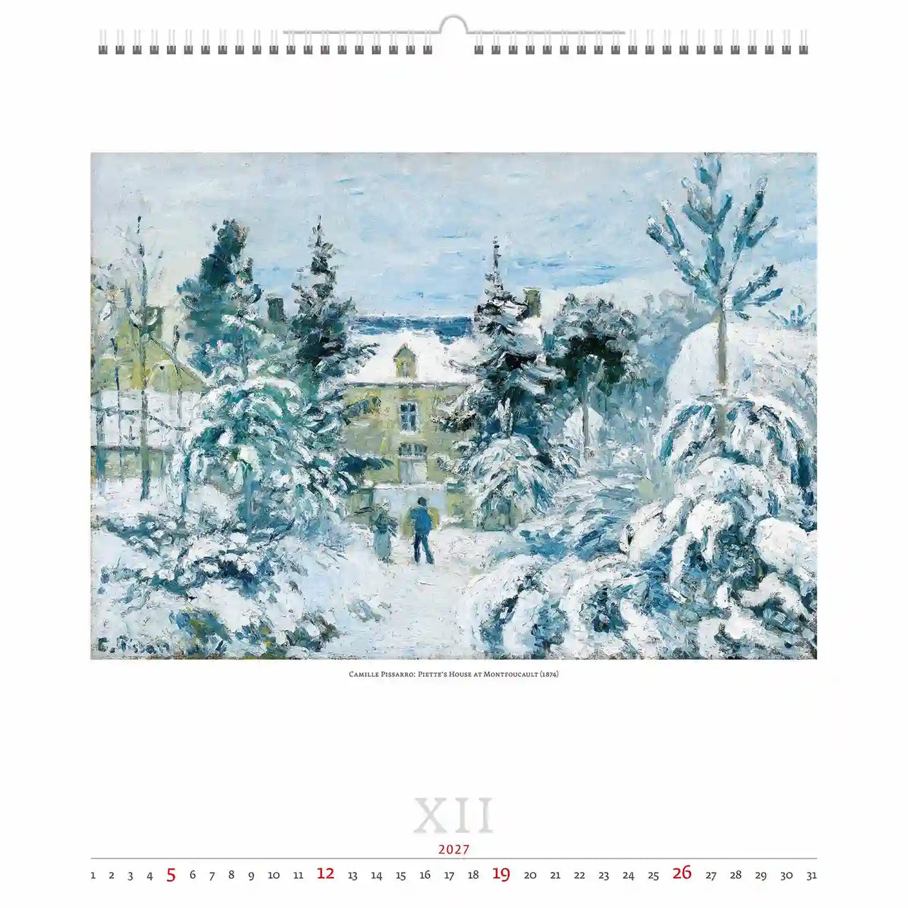 Kalenderpagina met een wintertafereel schilderij van een huis en bomen bedekt met sneeuw, met het getal 12 onderaan.