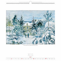 Kalenderpagina met een wintertafereel schilderij van een huis en bomen bedekt met sneeuw, met het getal 12 onderaan.