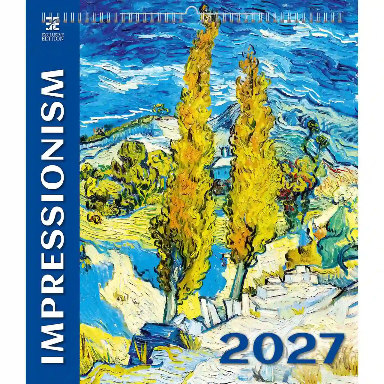 Kalenderomslag met impressionistische schildering van cipressen en tekst 'Impressionisme 2027' op een blauwe rand.