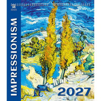 Kalenderomslag met impressionistische schildering van cipressen en tekst 'Impressionisme 2027' op een blauwe rand.