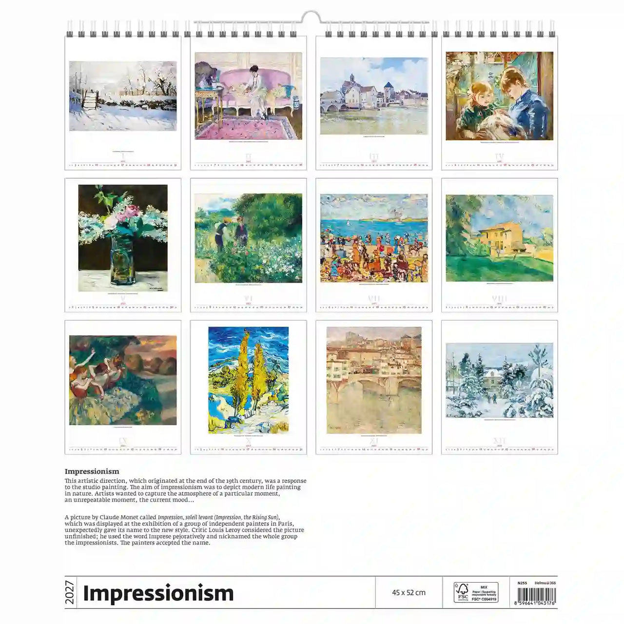Kalenderomslag met impressionistische schilderijen met een korte beschrijving van de kunststroming.