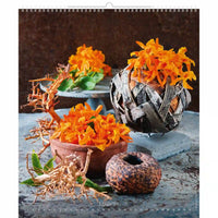 Arrangement décoratif avec fleurs orange en pots sur une surface texturée, page du calendrier de mars.