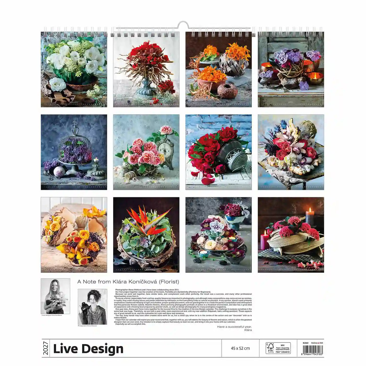 Calendrier de conception florale avec des images de diverses compositions florales.