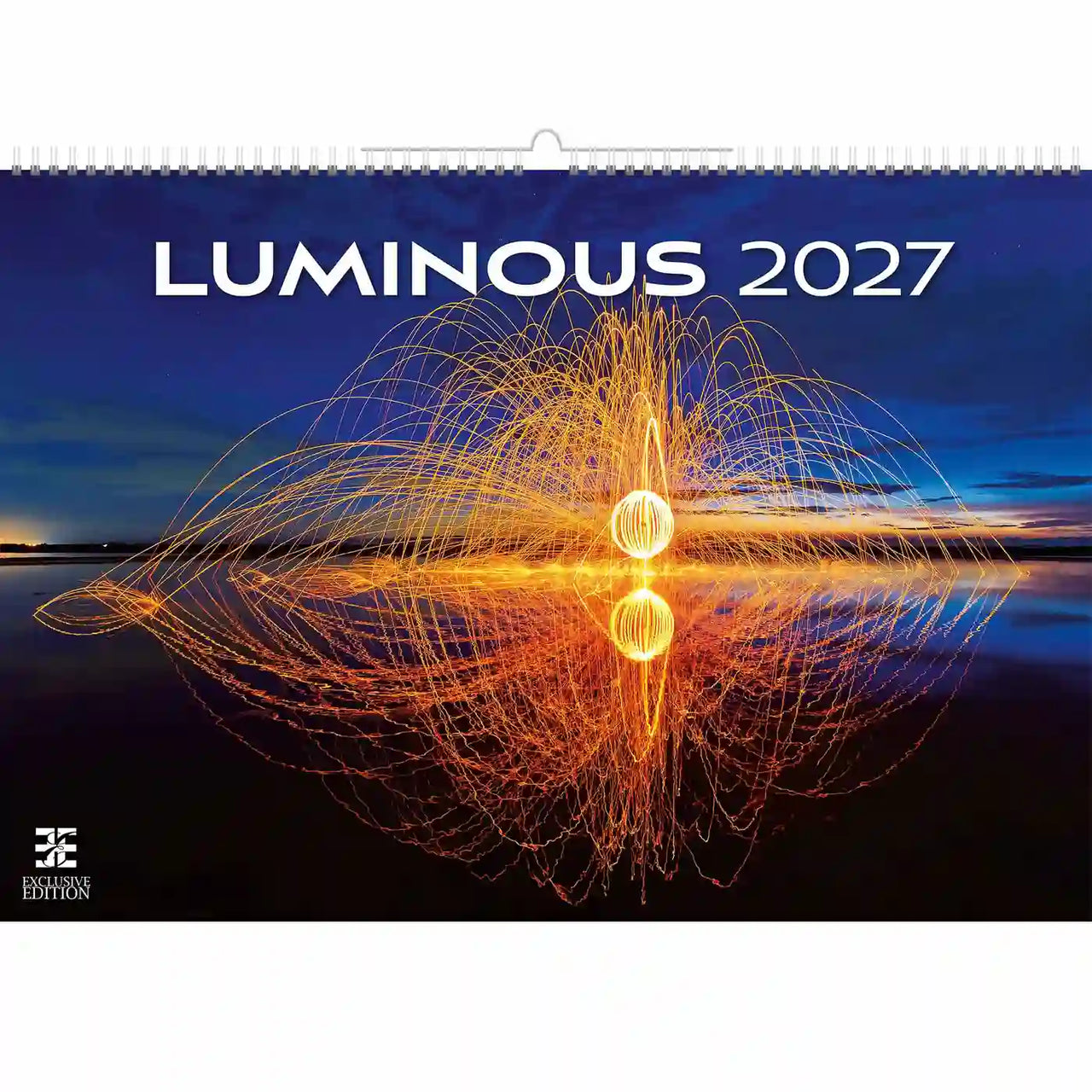 Kalenderhoes met abstract lichtpatroon en 'Luminous 2027' tekst op een donkerblauwe achtergrond