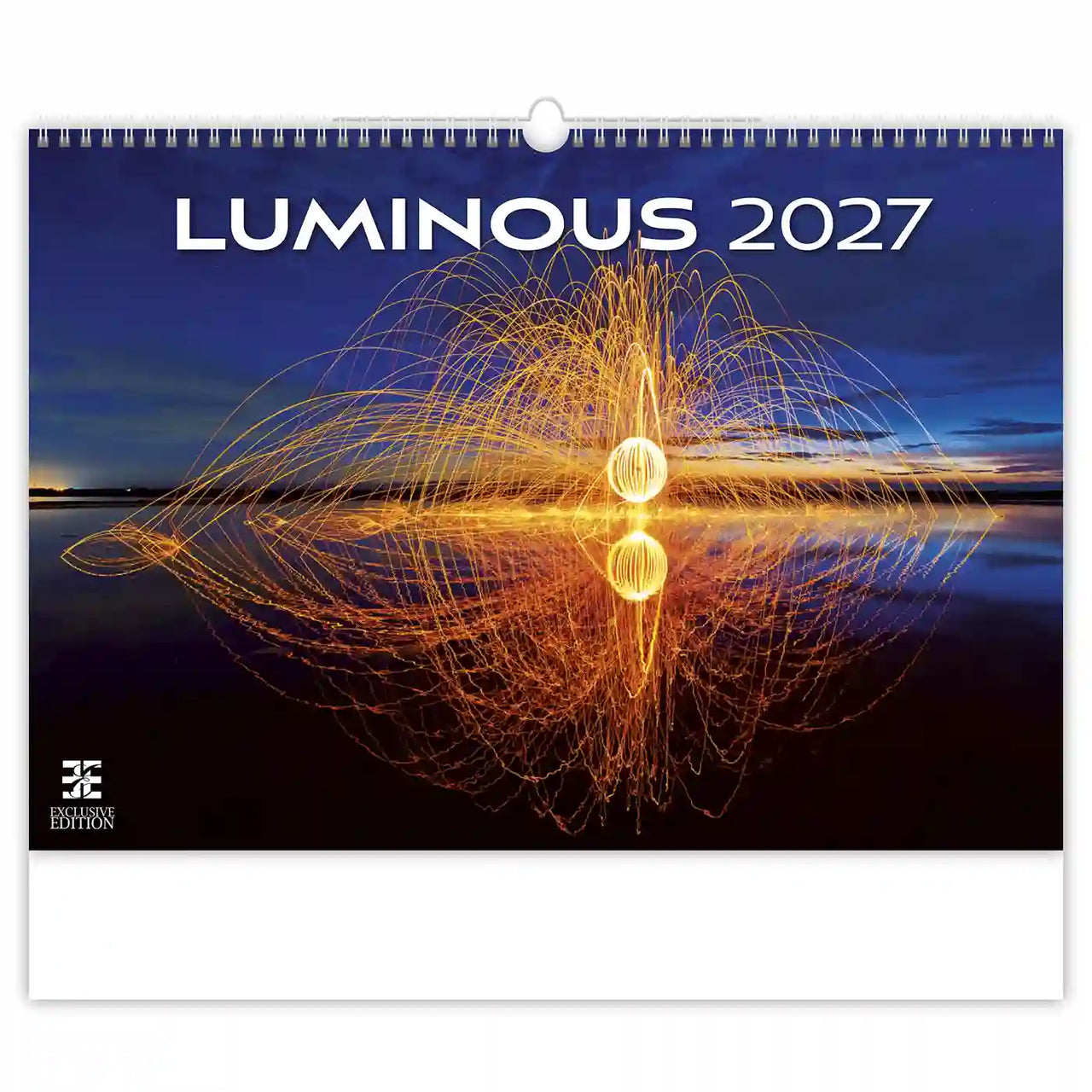 Kalenderomslag voor 2027 met een lichtkunstontwerp en 'Luminous' tekst.