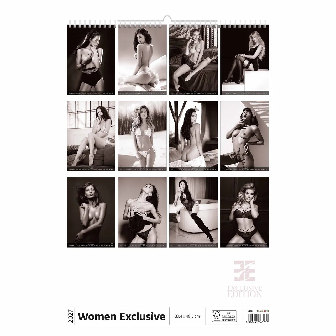 Kalender met zwart-wit afbeeldingen van vrouwen in verschillende poses en outfits.