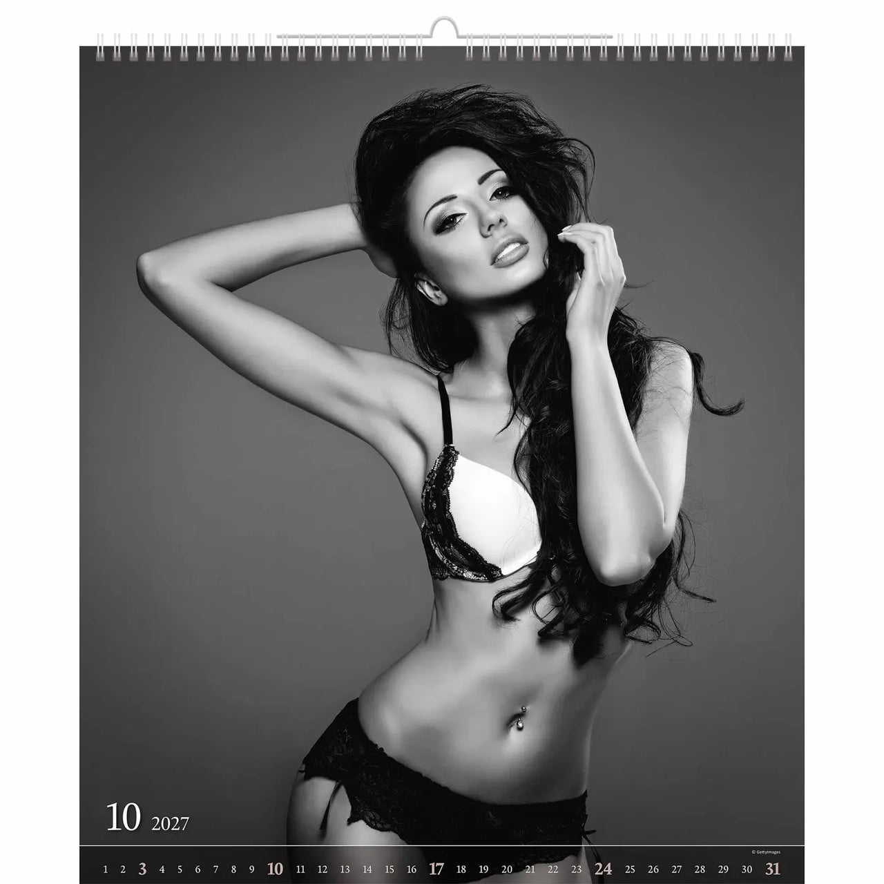Kalenderpagina voor oktober 2027 met een vrouw in lingerie tegen een grijze achtergrond.