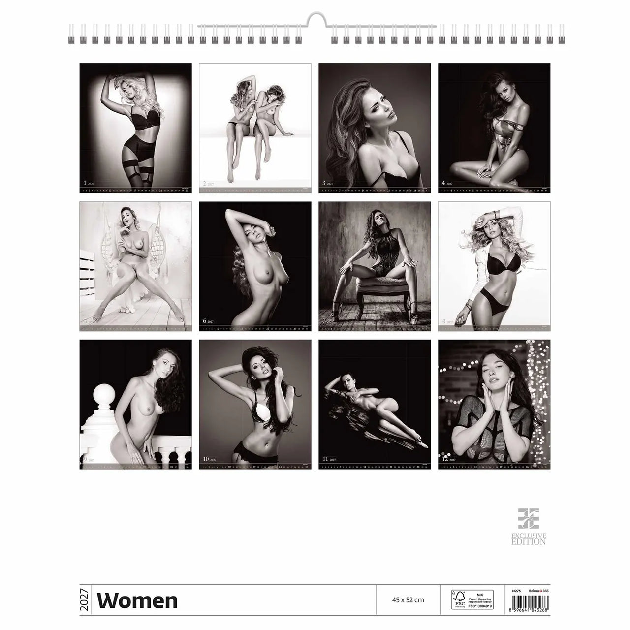 Kalender met zwart-wit afbeeldingen van vrouwen in verschillende poses op een witte achtergrond.