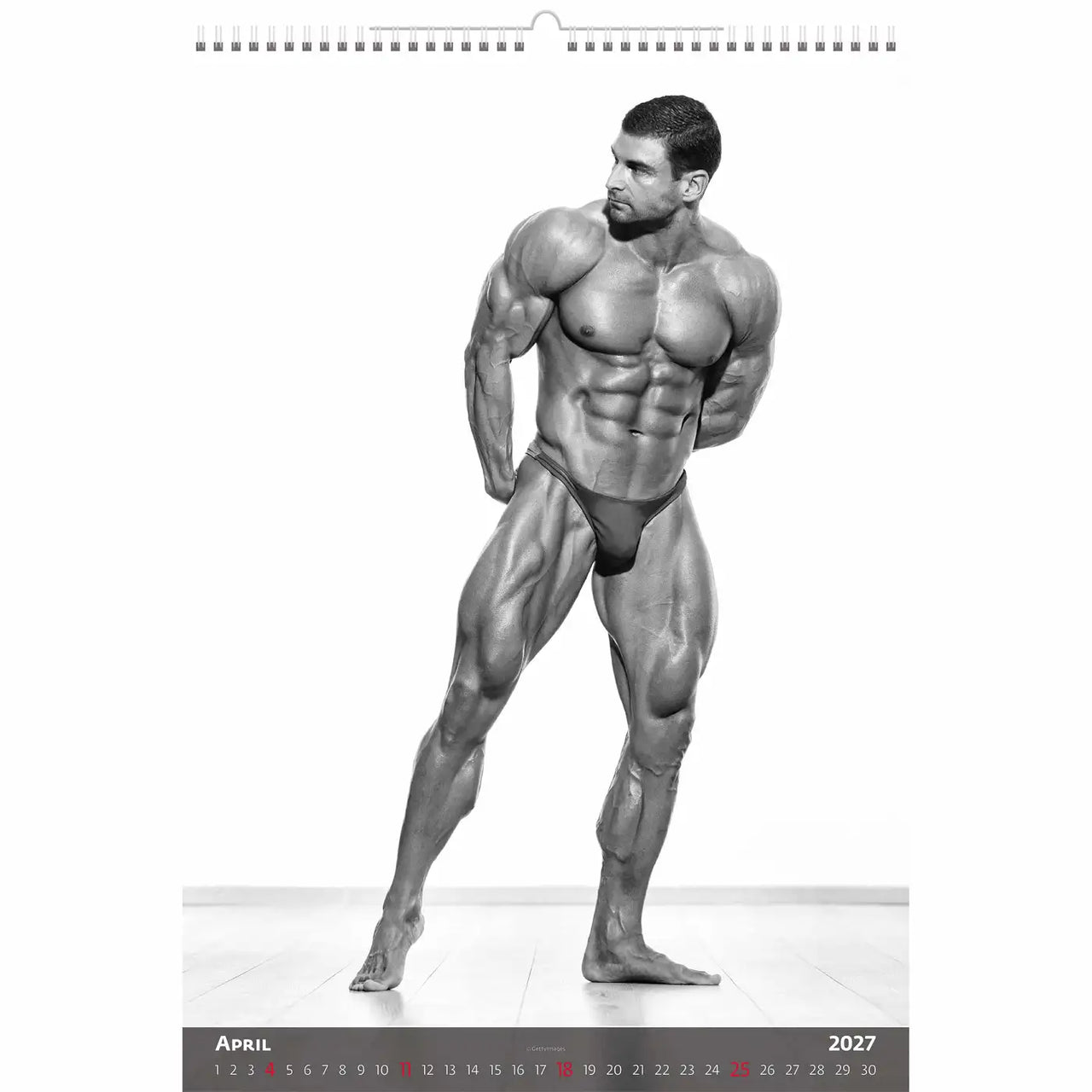 Bodybuilder poseren in een kalender voor april 2027 op een witte achtergrond