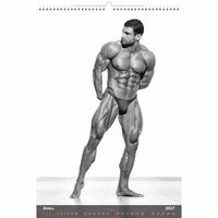 Bodybuilder poseren in een kalender voor april 2027 op een witte achtergrond