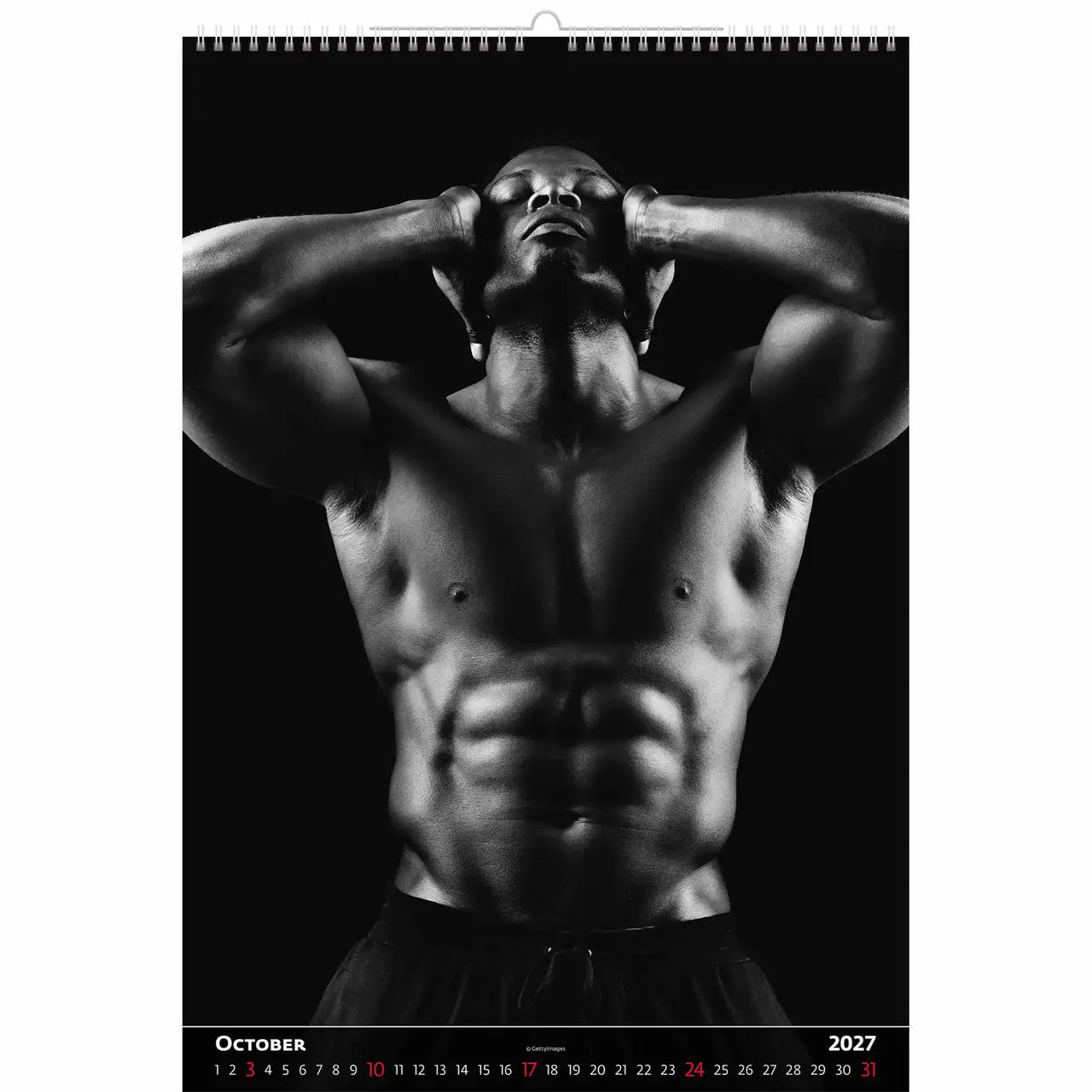 Spierkalender met een shirtloze persoon in zwart-wit met de maand oktober 2027 zichtbaar.