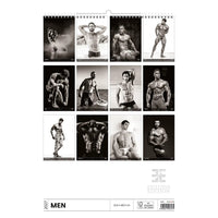 Kalender met zwart-wit afbeeldingen van mannen op een witte achtergrond