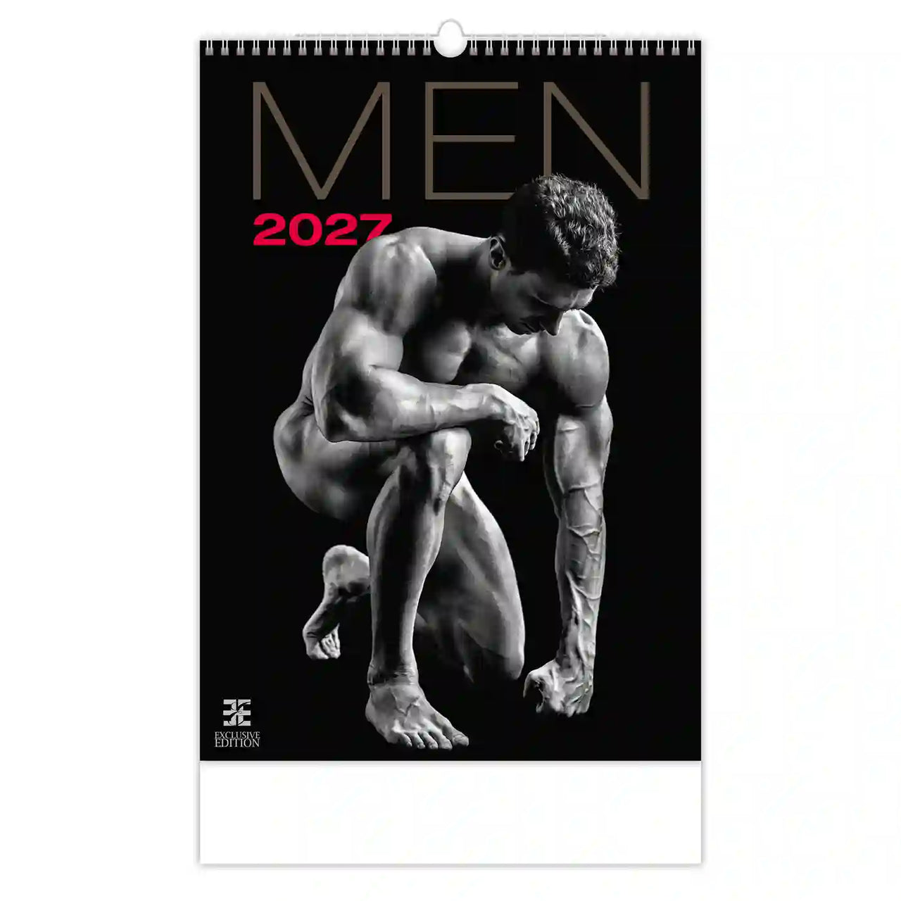 Kalenderomslag met een zwart-wit afbeelding van een gespierde man, met de tekst 'MEN 2027' op een zwarte achtergrond.