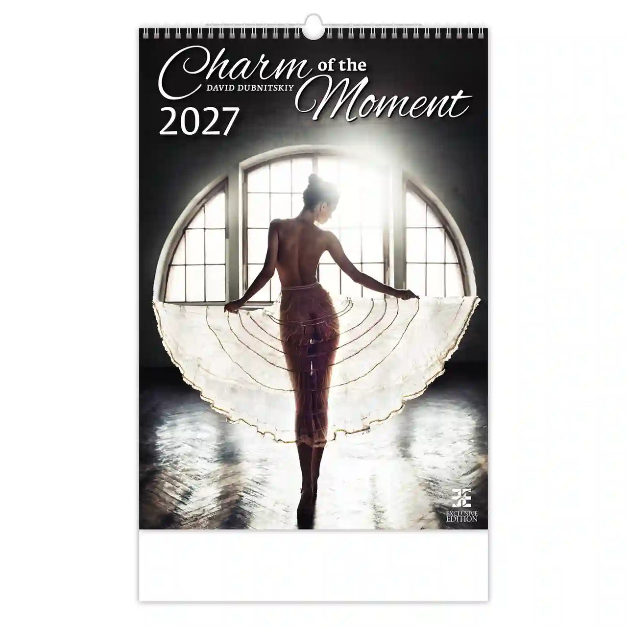 Kalenderomslag met een danseres met een vloeiende rok voor een raam, getiteld 'Charm of the Moment 2027' van David Dunnett.