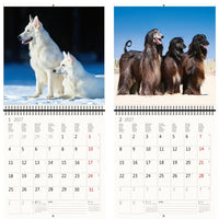 Twee kalender pagina's honden in verschillende settings tonen met zichtbare data.