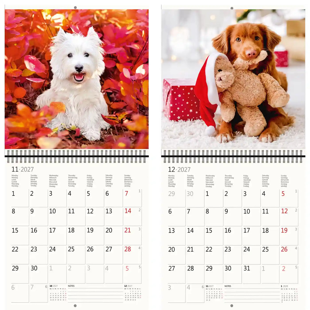 Twee kalender pagina's honden tonen in feestelijke en herfstachtige omgevingen.