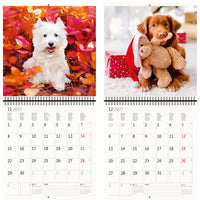 Twee kalender pagina's honden tonen in feestelijke en herfstachtige omgevingen.