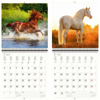 Kalender met twee paardenafbeeldingen, één rennend door water en de andere staand in een veld, op een witte achtergrond.