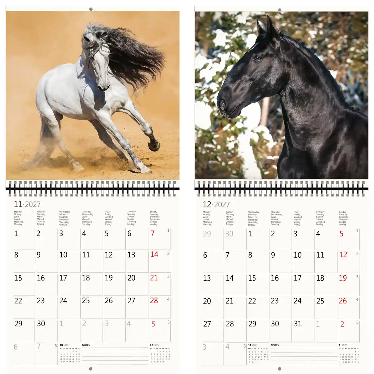 Kalender met afbeeldingen van een rennend wit paard en een zwart paard, met daarop de maanden 11 en 12 van 2027.