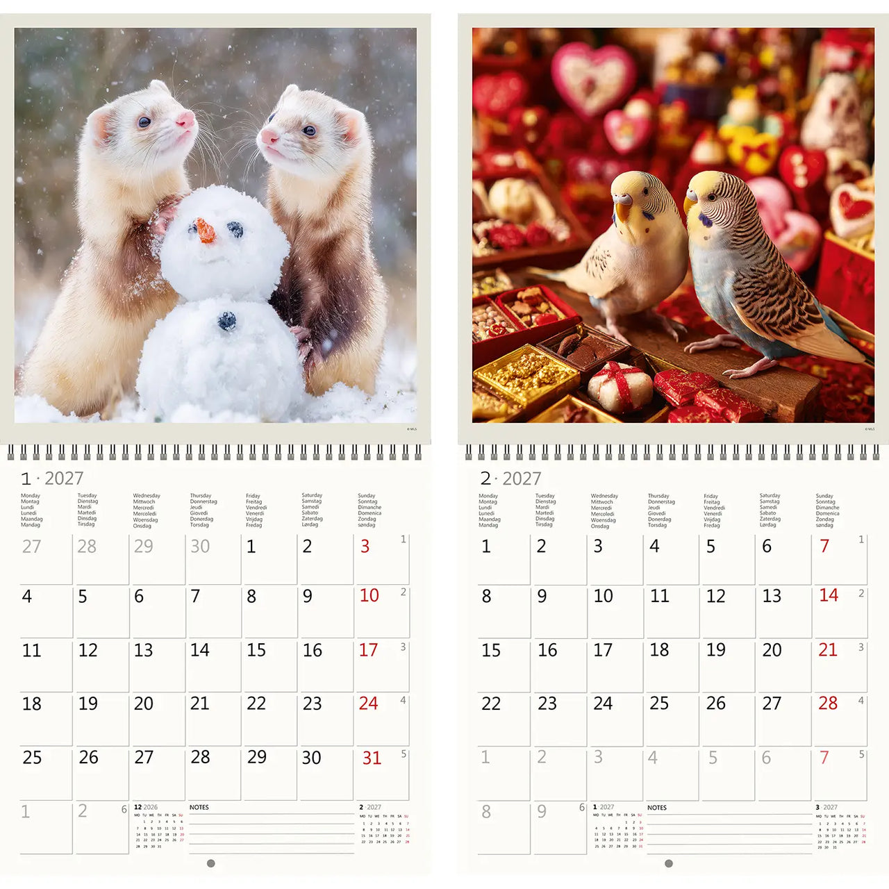 Kalender met twee afbeeldingen van dieren en een sneeuwpop, met raster indeling.