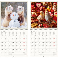 Kalender met twee afbeeldingen van dieren en een sneeuwpop, met raster indeling.