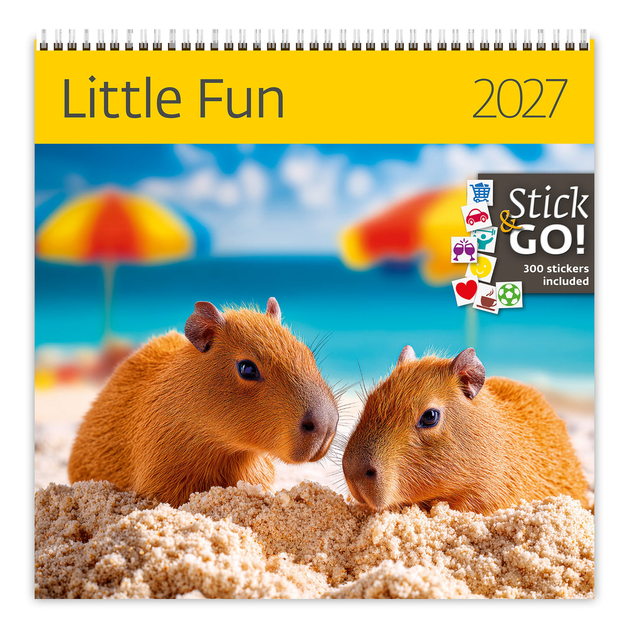 Kalenderhoes met twee knaagdieren op een strand, met de tekst 'Stick & Go!' stickers op een gele achtergrond.