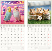 Twee kalender pagina's met vogels en hamsters met een kleurrijke achtergrond.