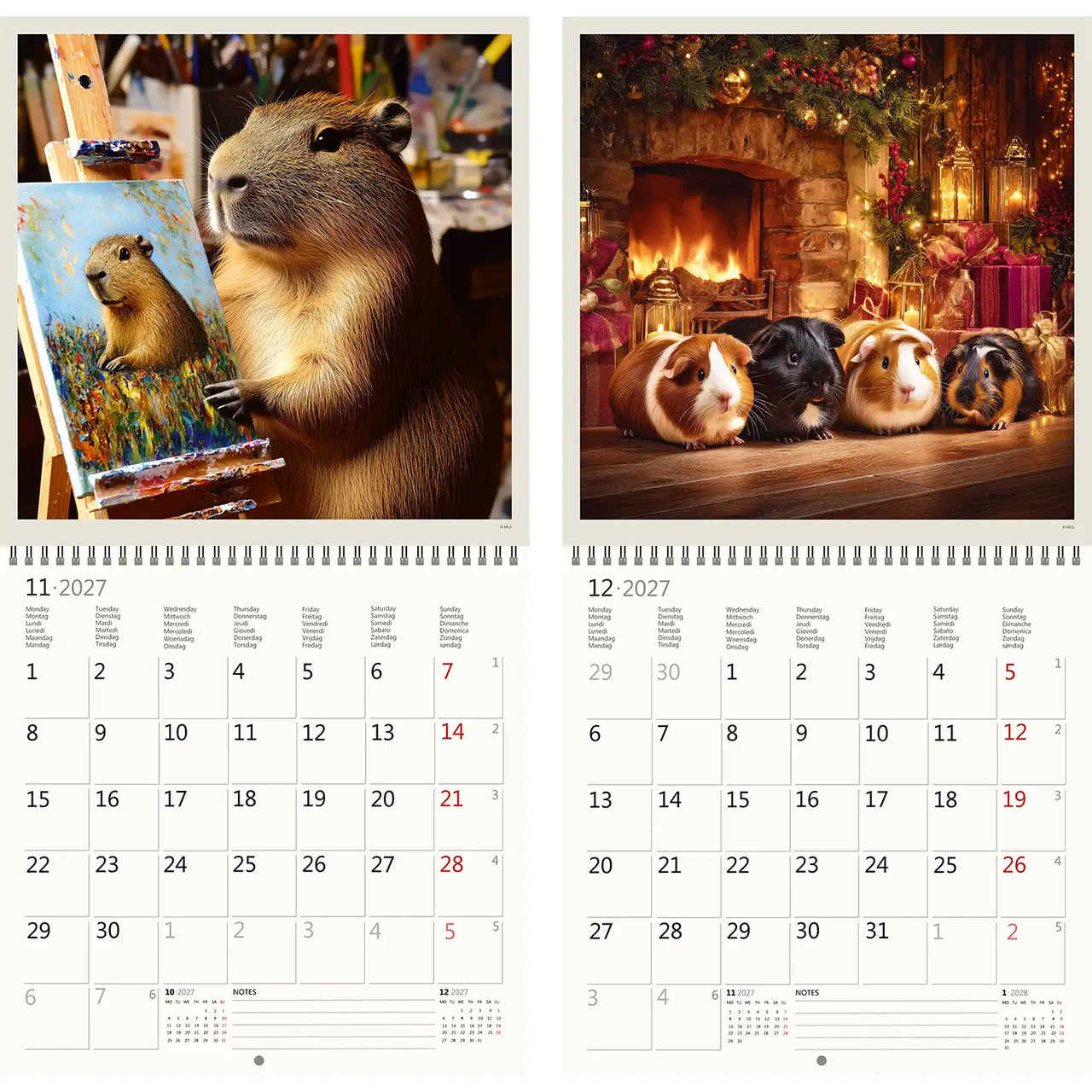 Kalender met twee afbeeldingen: een van een groundhog-schilderij en een van cavia's bij een open haard.