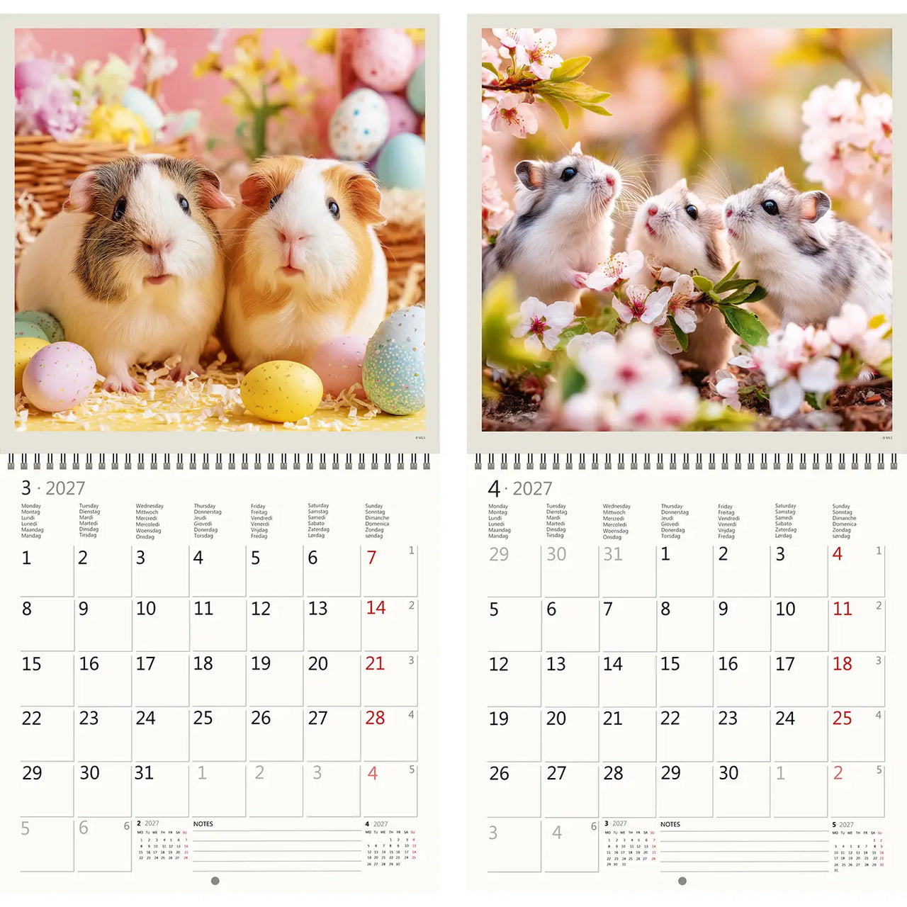 Twee kalender pagina's met cavia's en hamsters met paaseieren en bloemen.