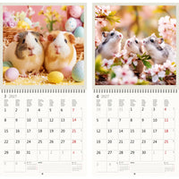 Twee kalender pagina's met cavia's en hamsters met paaseieren en bloemen.