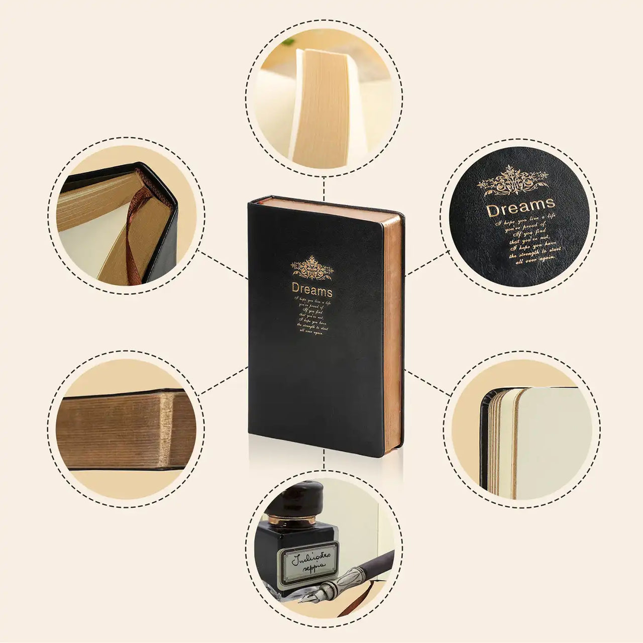 D6030 Kalpa Dreams A4 Vintage Leather Journal Extra Tick Gold Trim