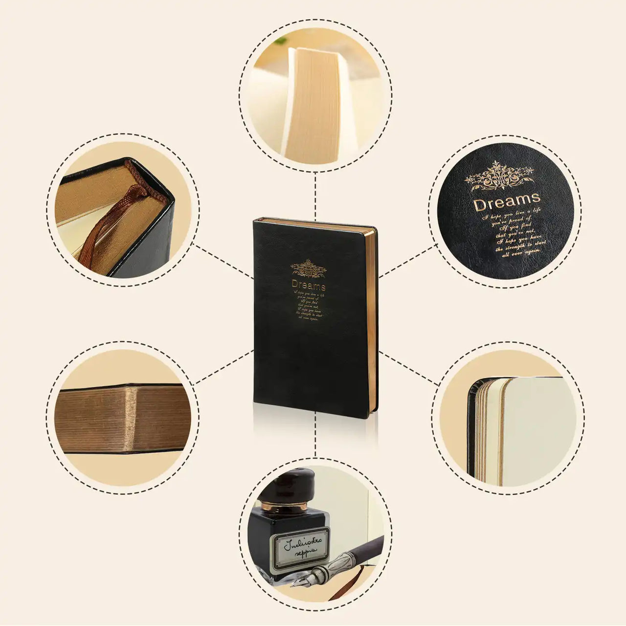 D6045 Kalpa Dreams A5 altes Tagebuch Goldtrim schwarz