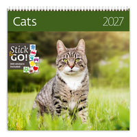 Kalender 2027 met een kat in een grasveld met 'Stick & Go!' stickers op een groene achtergrond.