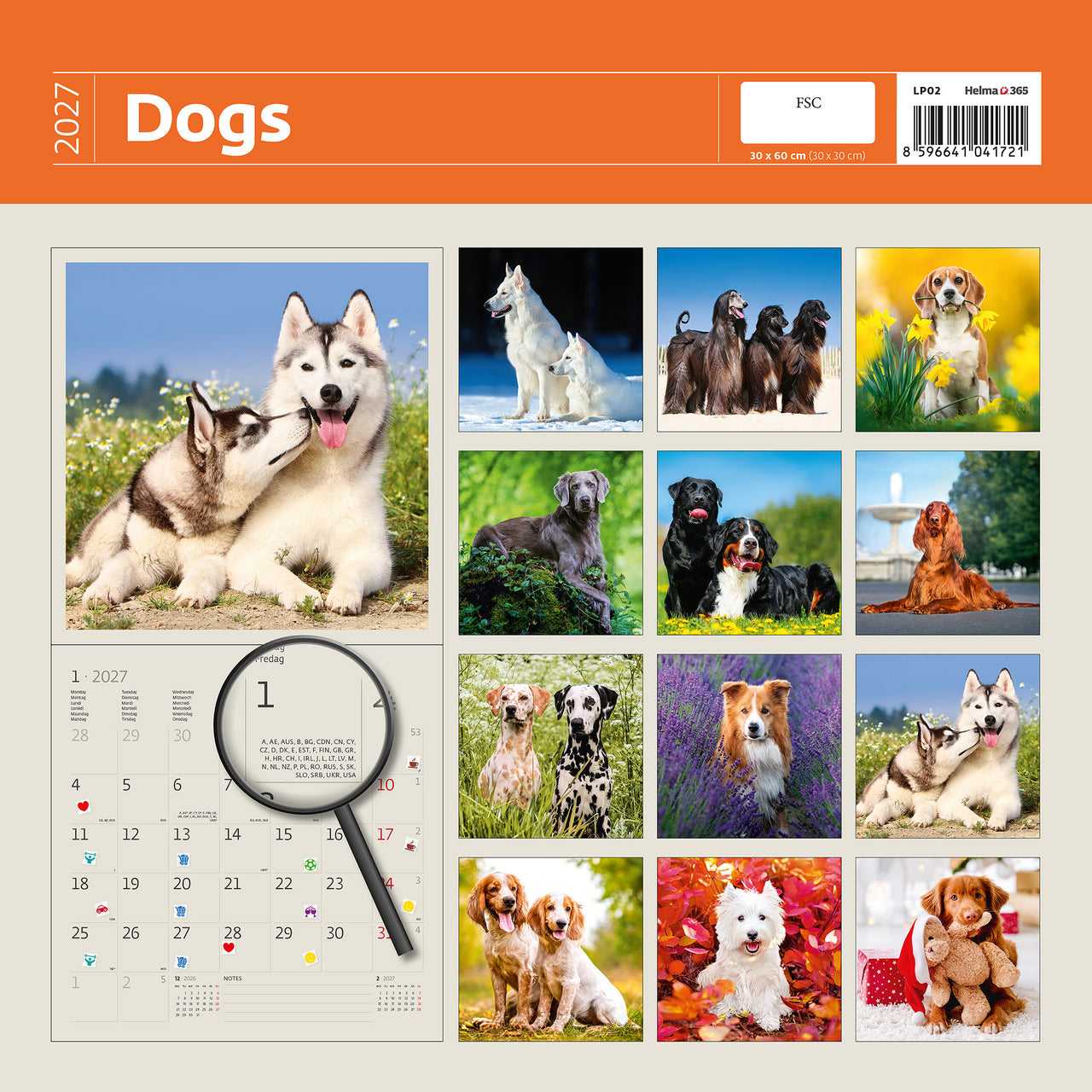 Hondenkalender 2027 met diverse hondenafbeeldingen op een beige achtergrond