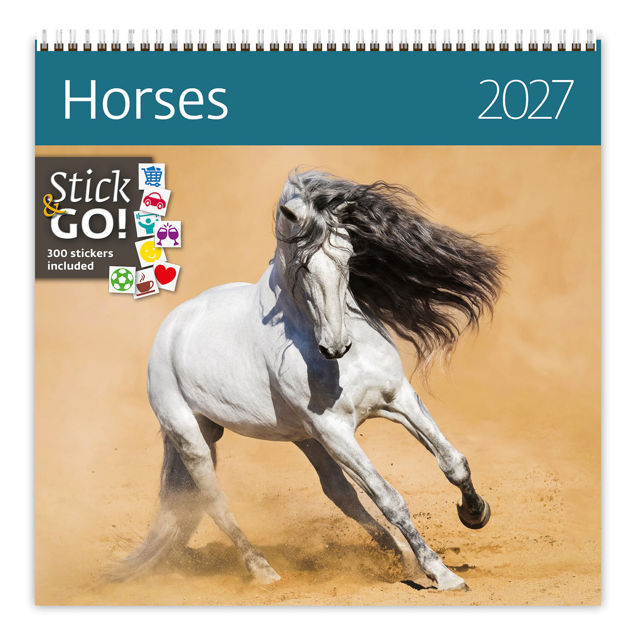 Kalender 2027 met een rennend paard op een woestijnachtergrond met 'Stick & Go!' stickers inbegrepen.