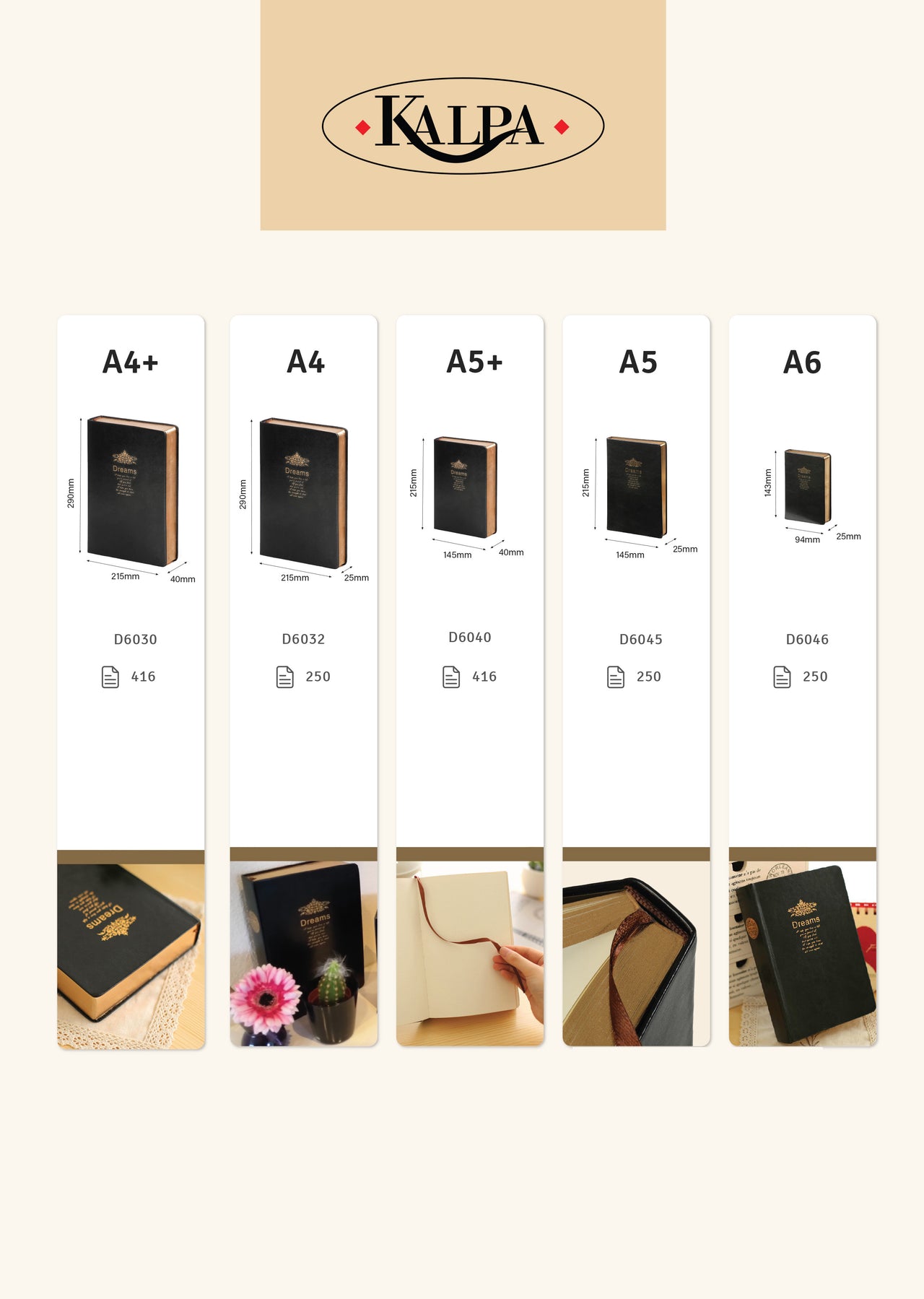 D6032 A4 Kalpa Dreams Vintage Notebook Goldtrim Black