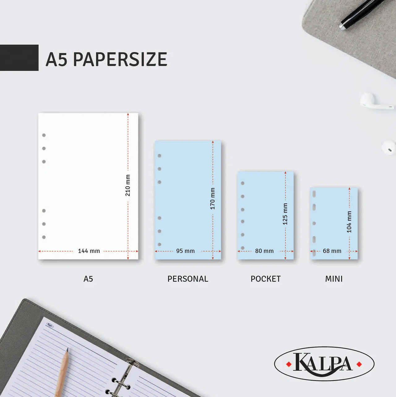 A5 Organizer size chart