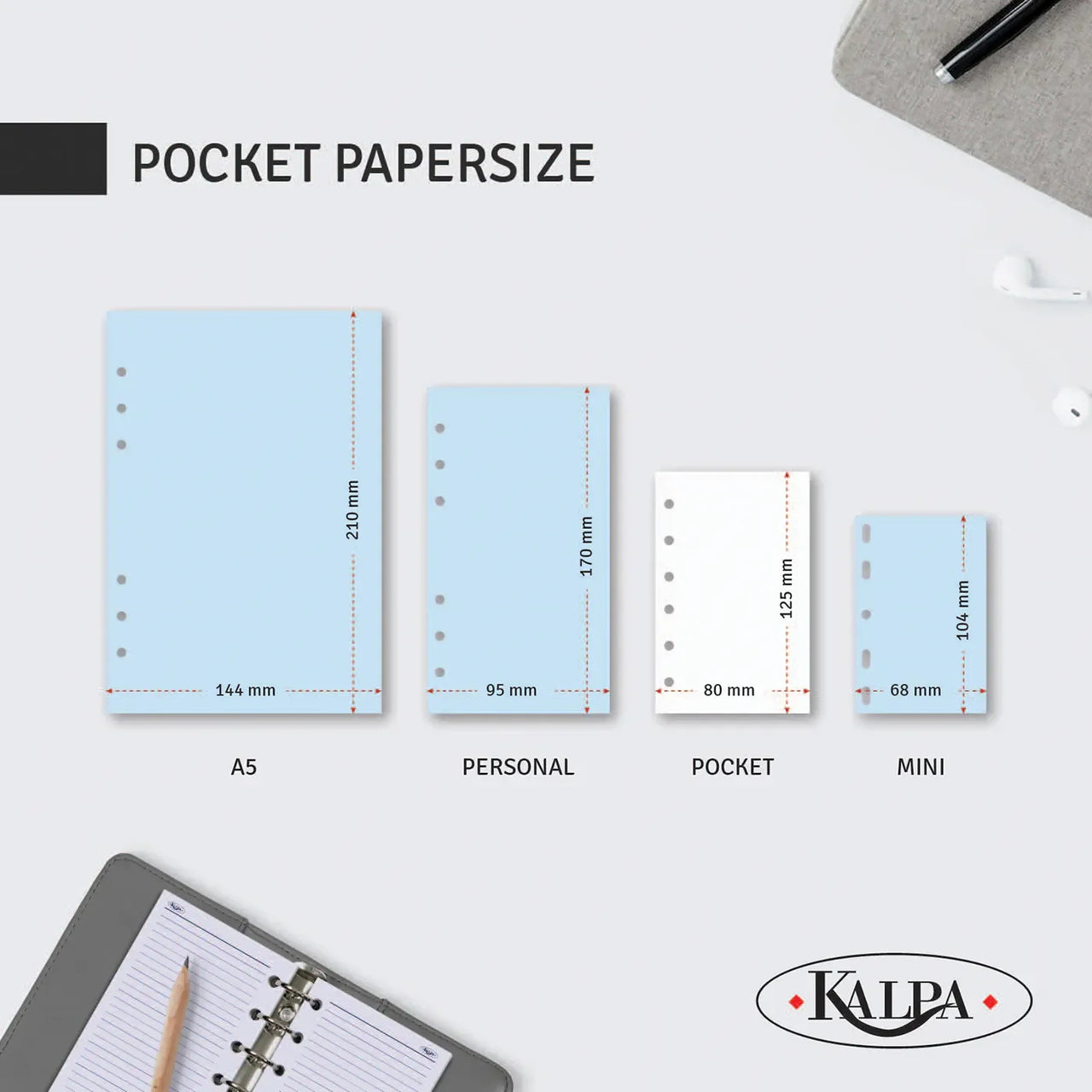 Pocket organizer maattabel
