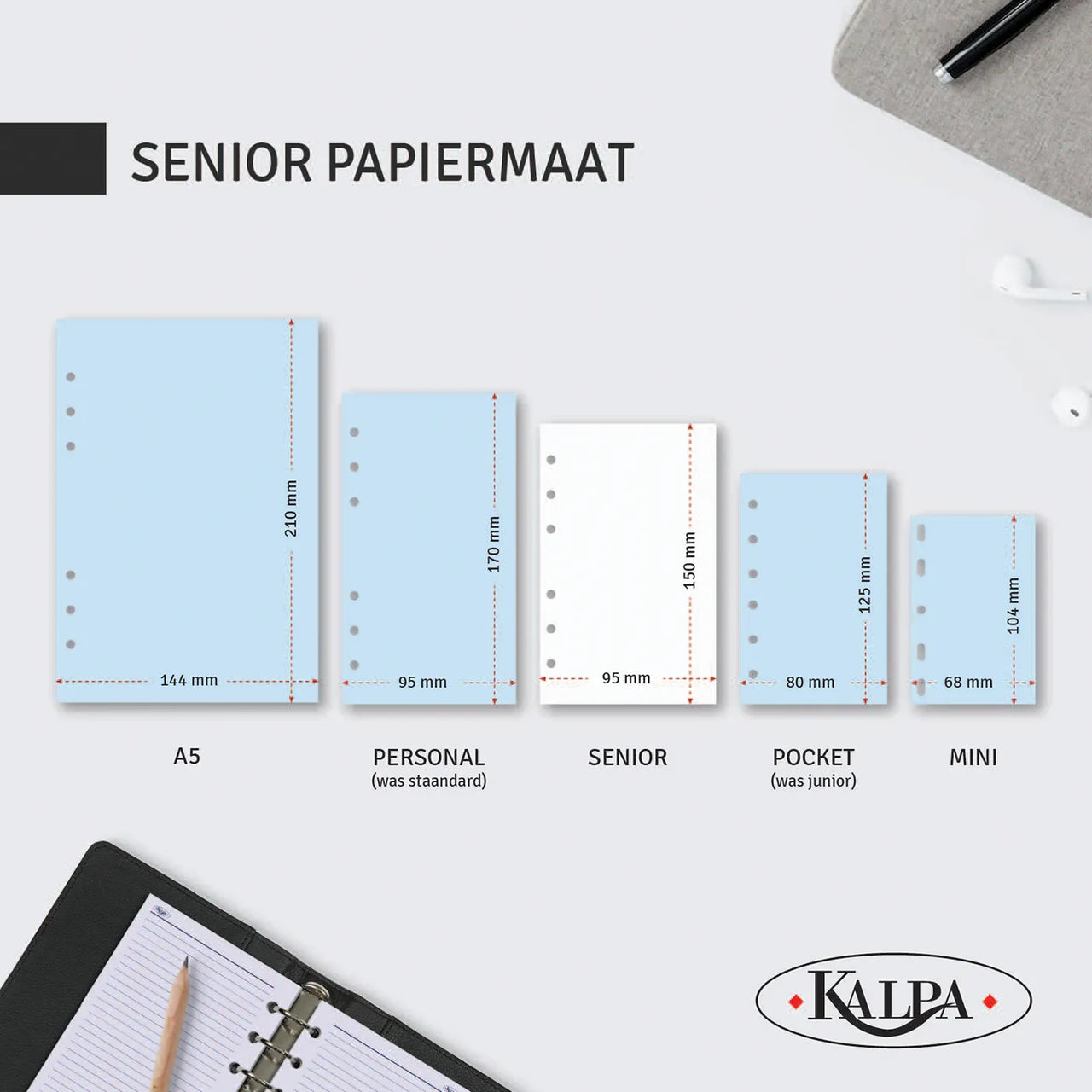 Paper size guide: Senior organizer refills, 150 x 95 mm