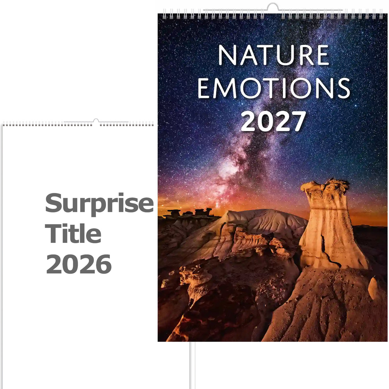 Kalenderomslag voor 2027 getiteld 'Nature Emotions' met een woestijnlandschap en sterrenhemel.