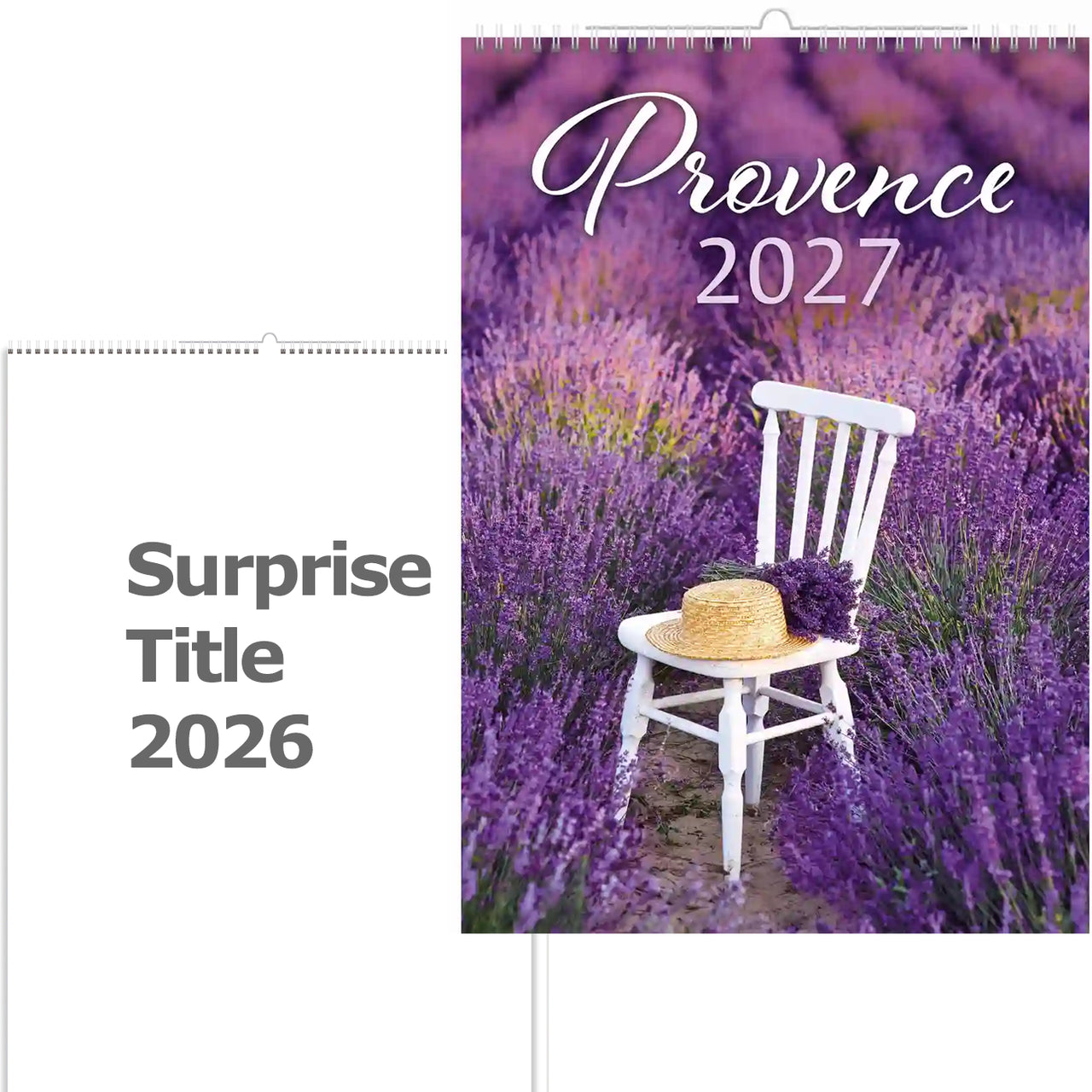 Kalenderhoes met lavendelveld en witte stoel, met tekst 'Provence 2027'.