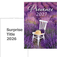 Kalenderhoes met lavendelveld en witte stoel, met tekst 'Provence 2027'.
