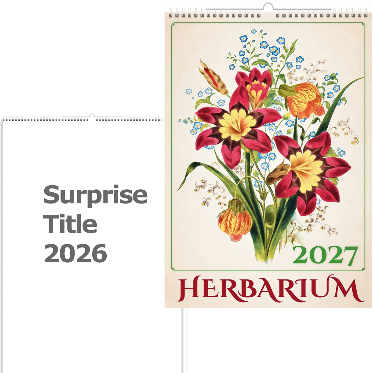 Bloemenkalender met 'Herbarium' design en jaartallen 2026 en 2027 tekst.
