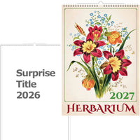 Bloemenkalender met 'Herbarium' design en jaartallen 2026 en 2027 tekst.
