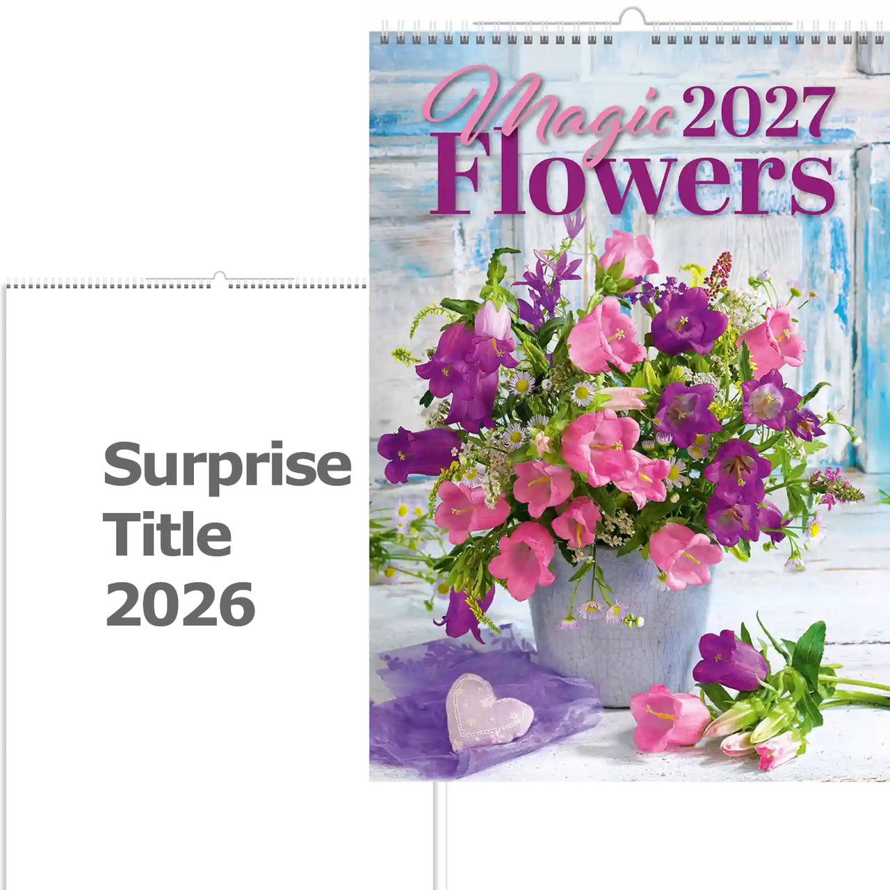 Kalenderomslag met bloemen en tekst 'Magic Flowers 2027 Surprise Title 2026' op een witte achtergrond