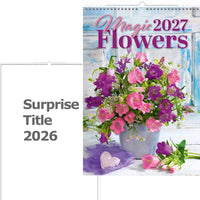 Kalenderomslag met bloemen en tekst 'Magic Flowers 2027 Surprise Title 2026' op een witte achtergrond