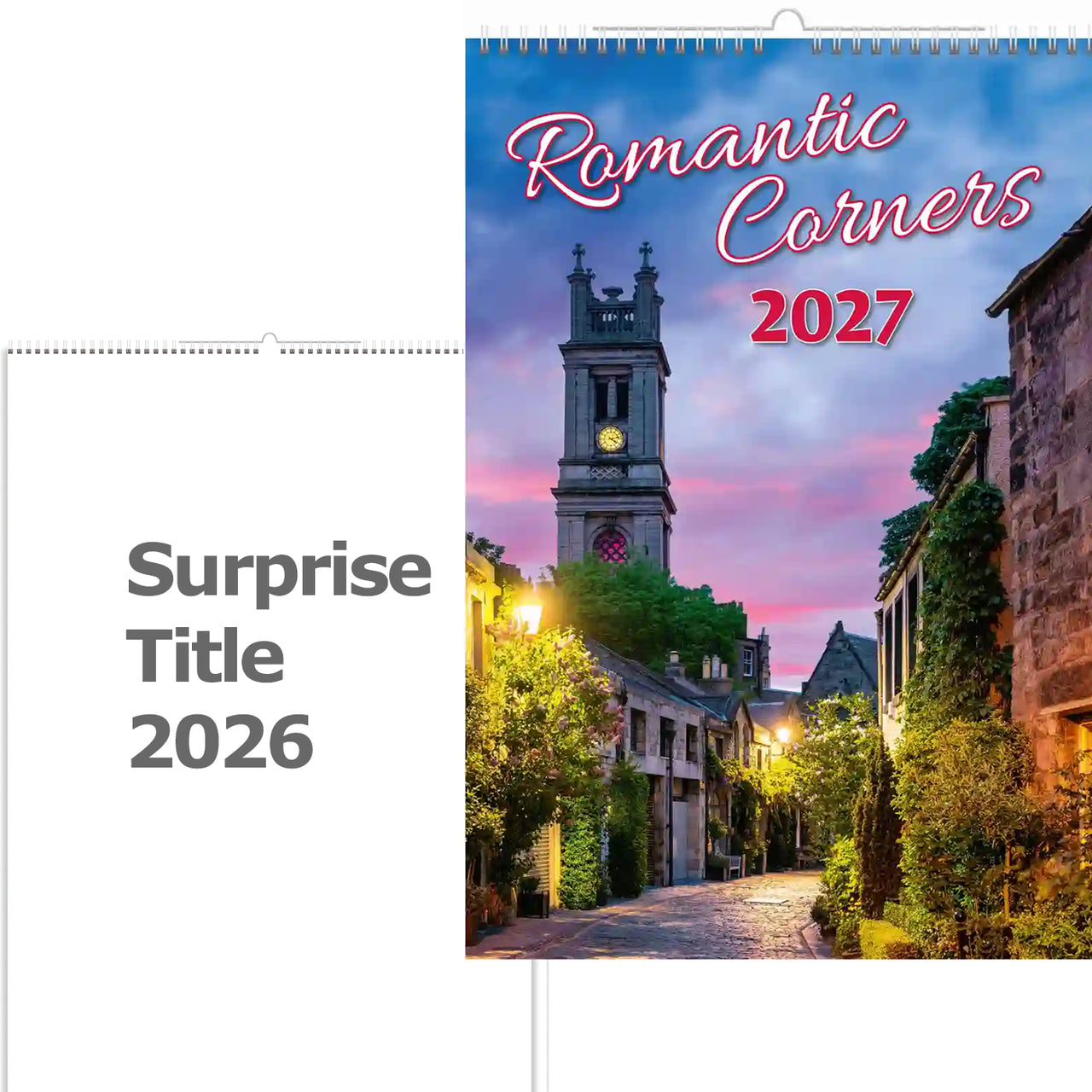 Kalenderomslag voor 2027 met links een romantisch tafereel en tekst 'Verrassingstitel 2026'.