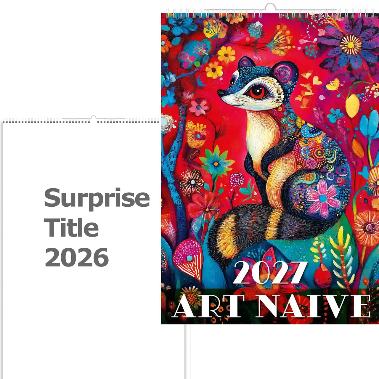 Kleurrijke kalender met een wasbeerillustratie en '2021 Art Naive' tekst op een witte achtergrond.