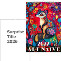 Kleurrijke kalender met een wasbeerillustratie en '2021 Art Naive' tekst op een witte achtergrond.