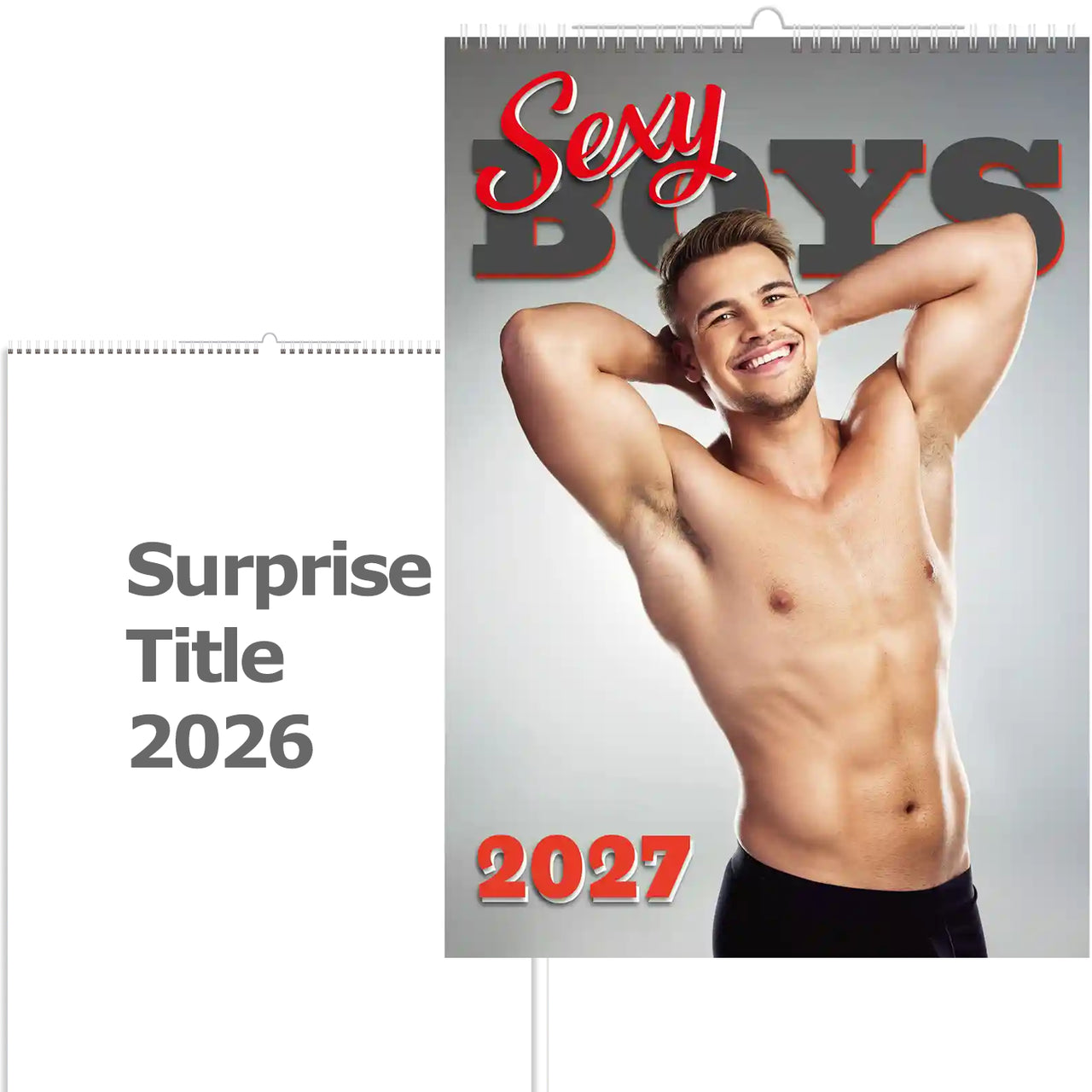 Kalenderomslag met een shirtloze man met de tekst 'Sexy Boys' en '2027' op een grijze achtergrond.